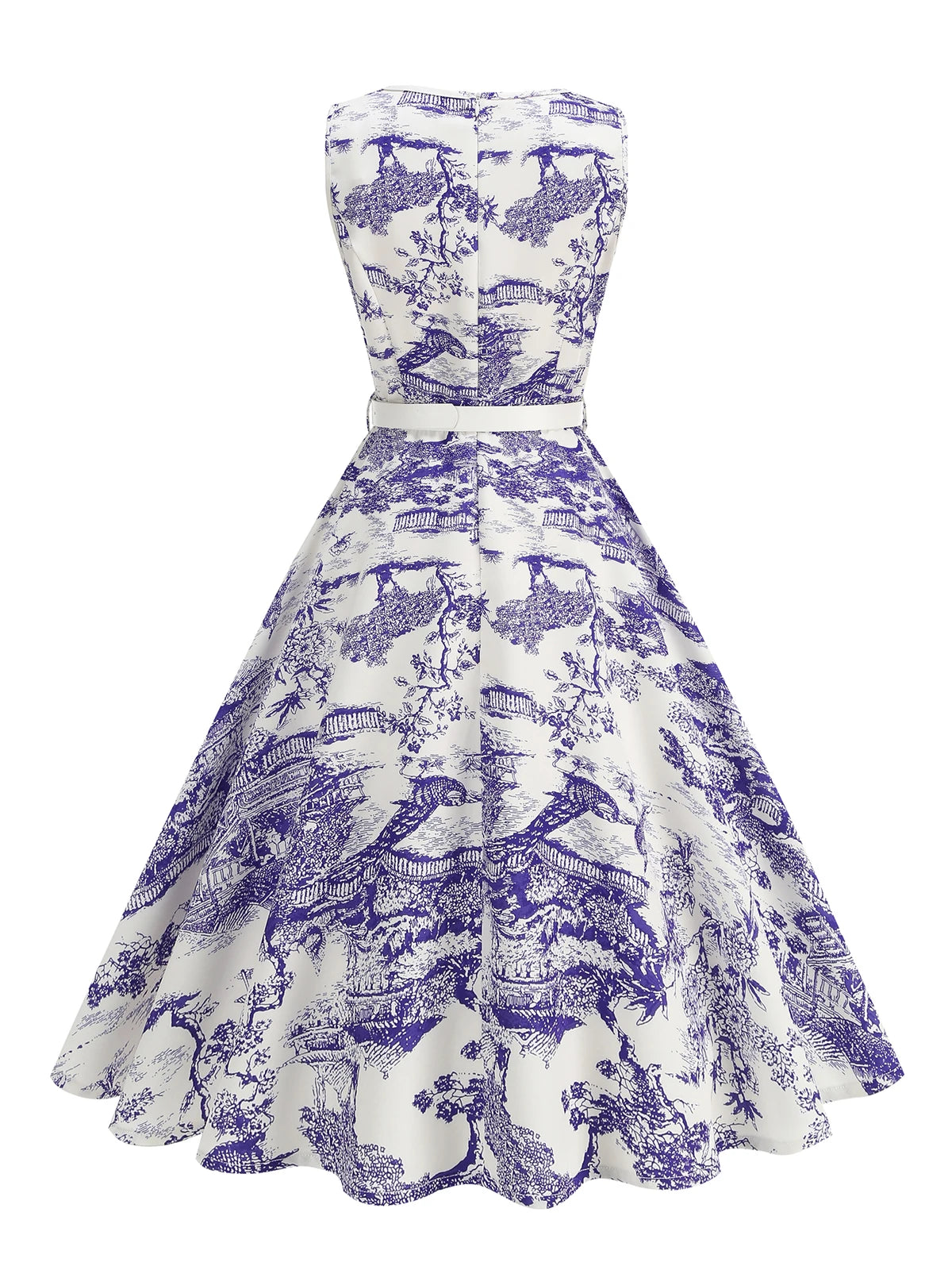 Scenic Print Belted Fit & Flare Dress