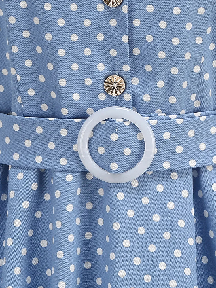Polka Dot Collared Belted Midi Dress