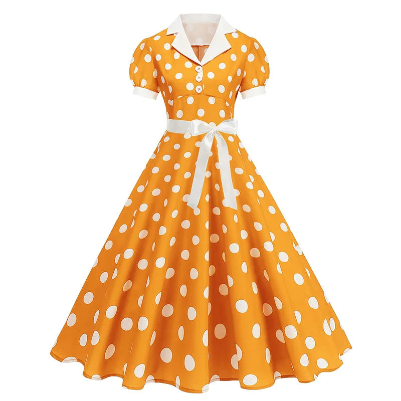 Vintage Polka Dot Pleated Summer Dress Women 1950s 60s Notched Collar Short Sleeve Belted Elegant Retro Clothing