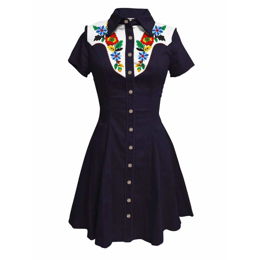 Short Sleeve Button-Front Shirt Dress with Rose Yoke Graphic
