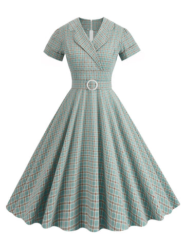 Plaid Wrap Collar Belted Fit & Flare Dress