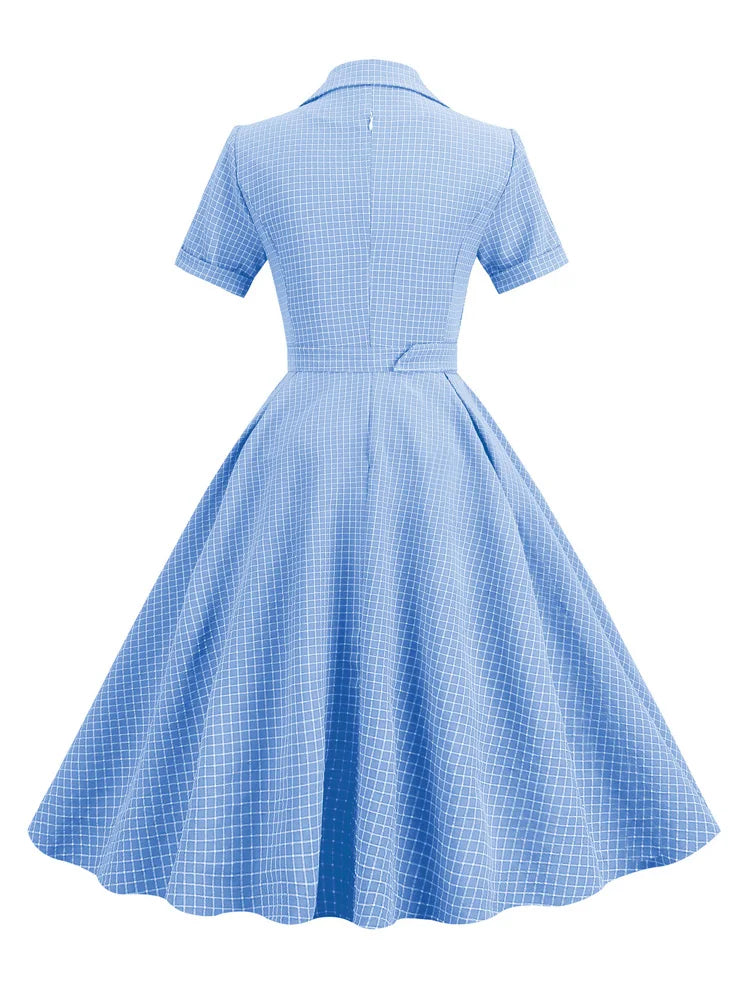 Grid Print Collared Midi Dress with Belt