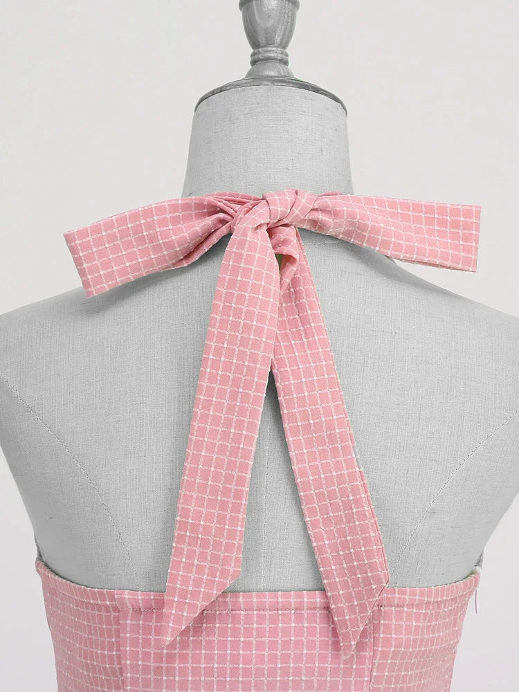 Halter Grid Print Fit & Flare Dress