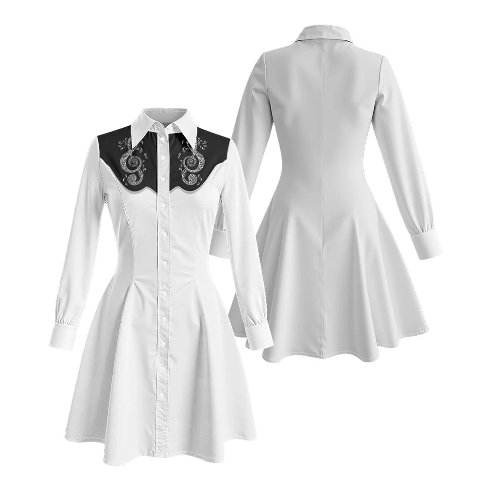 Long Sleeve Western-Style Button-Front Shirt Dress with Graphic Yoke