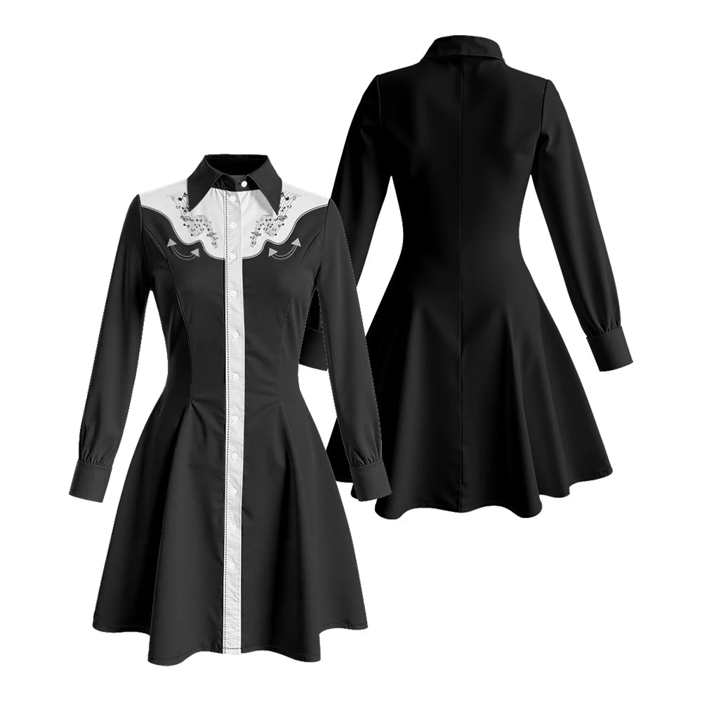 Long Sleeve Western-Style Button-Front Shirt Dress with Graphic Yoke