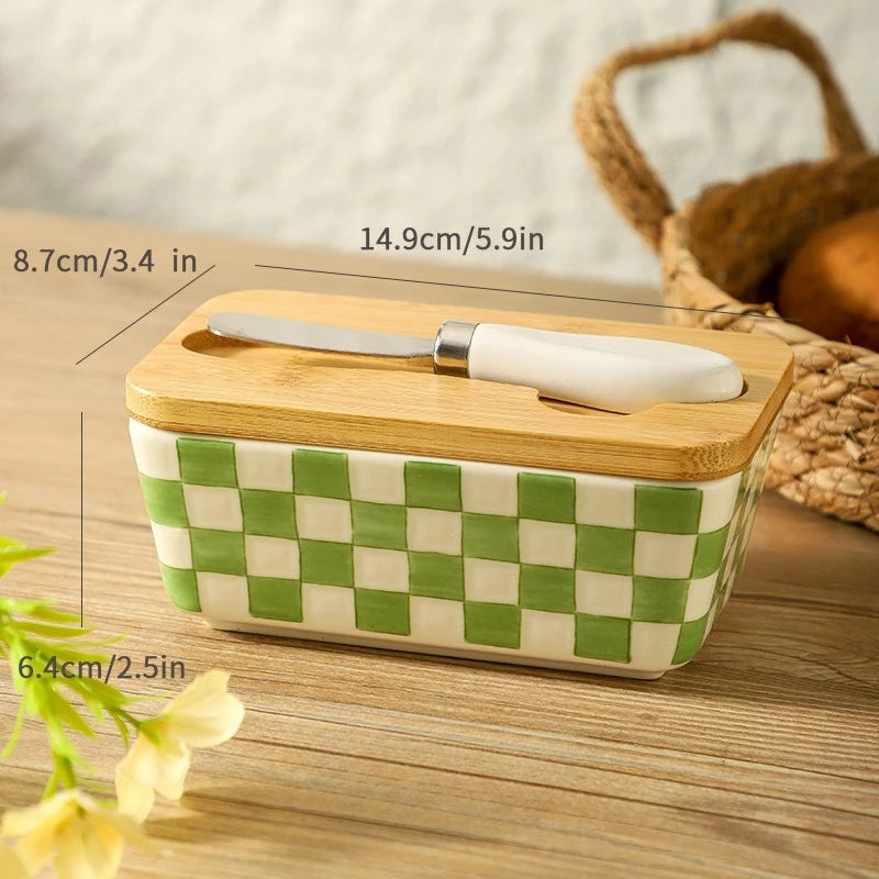 Americana Pastoral Ceramic Butter Dish with Bamboo Lid & Knife