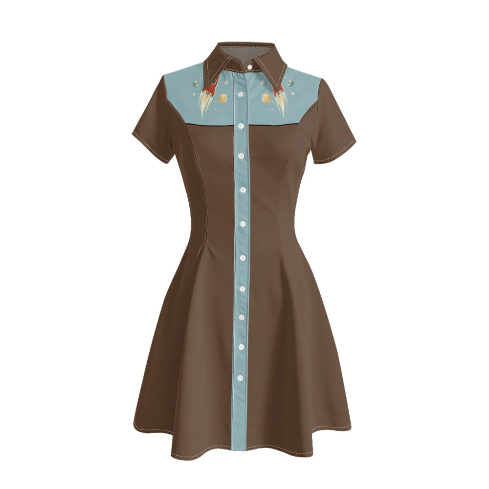 Short Sleeve Western-Style Button-Front Shirt Dress with Planet Yoke Print