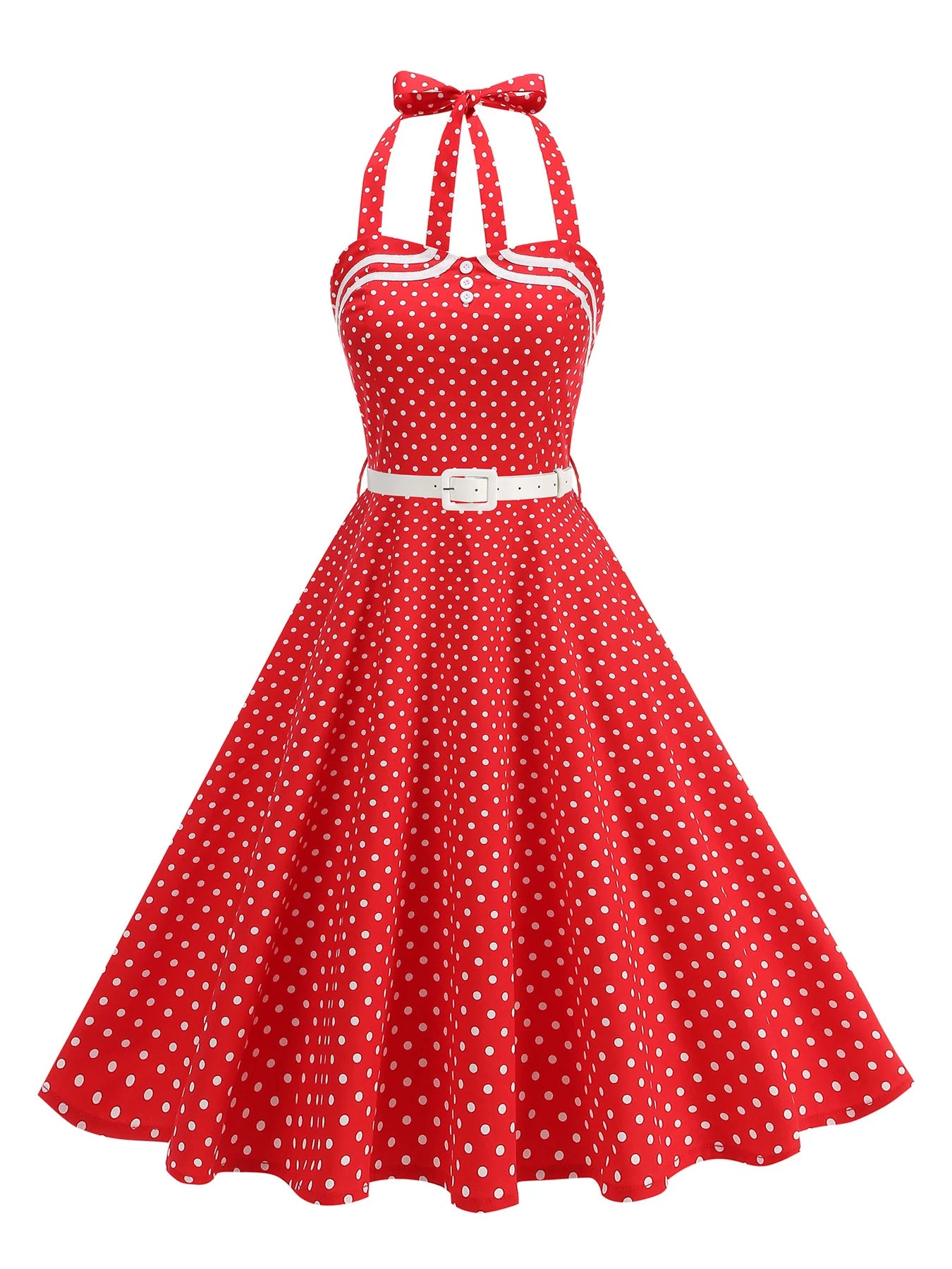 Polka Dot Trim Halter Belted Dress