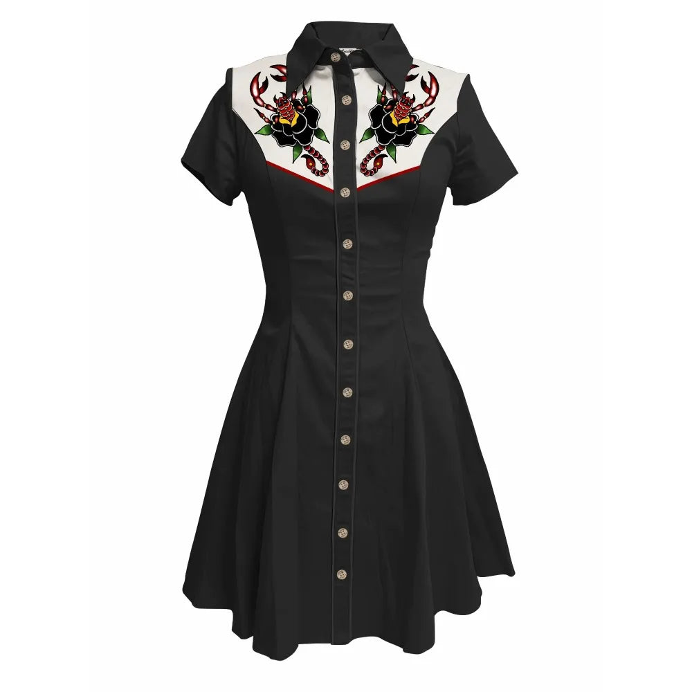Short Sleeve Western-Style Button-Front Shirt Dress with Scorpion Yoke Graphic