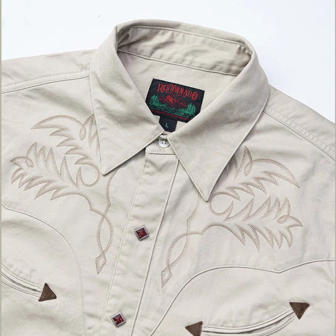 1940s Style Long Sleeve Western-Style Button-Up Shirt with Embroidered Yoke Details