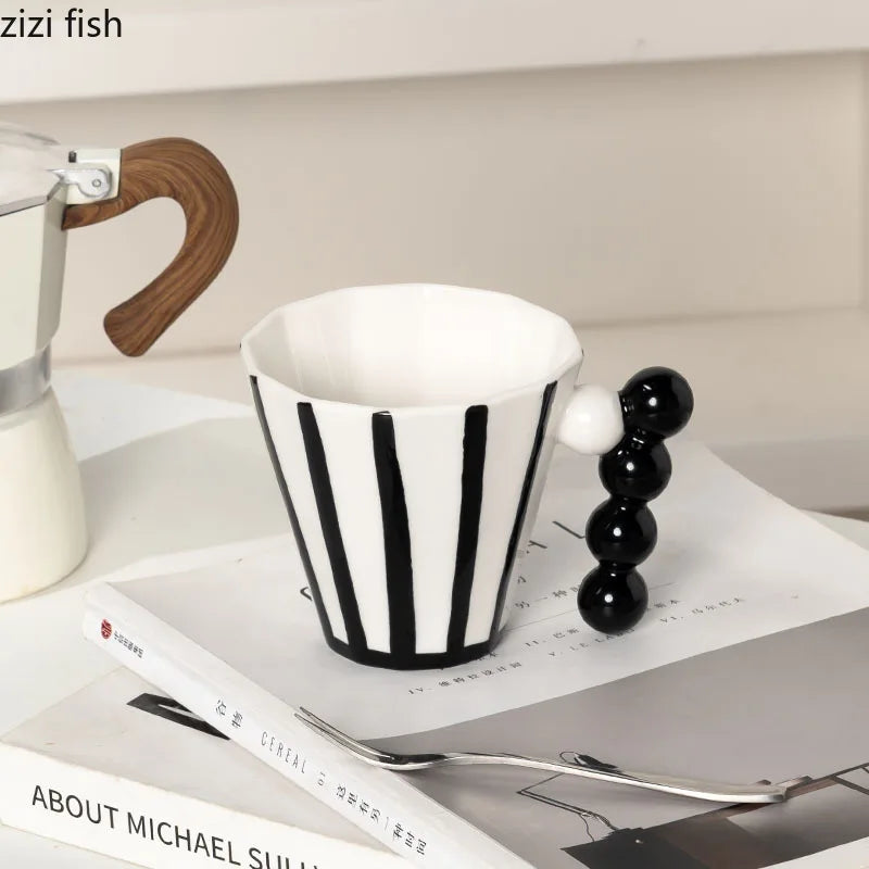 Mid-Century Mod Striped Latte Mug with Sculpted Handle
