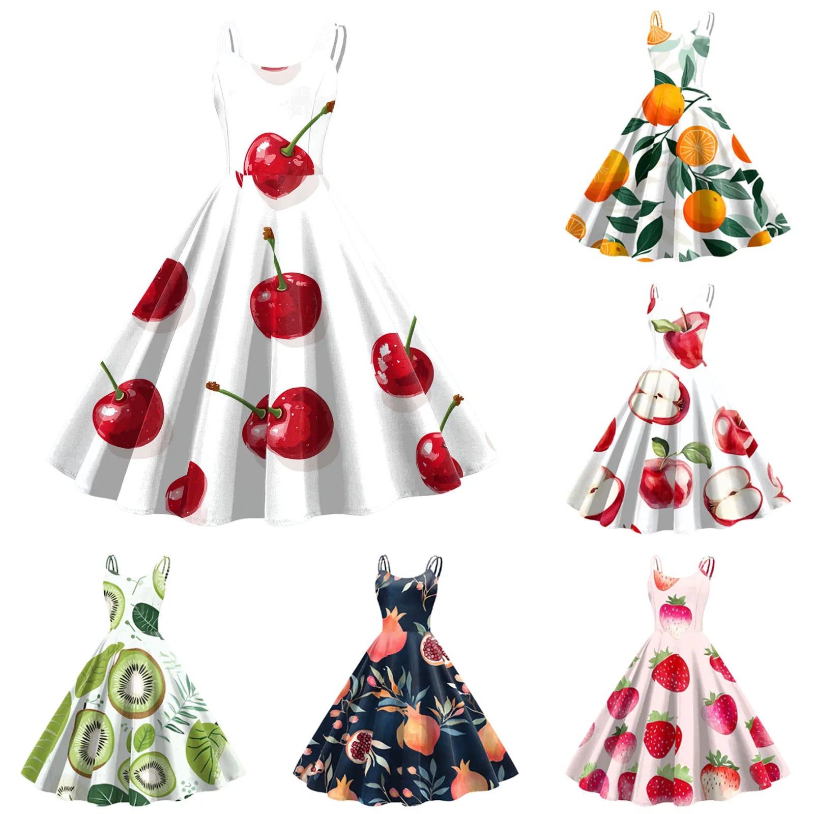Sleeveless Fruit Print Fit and Flare Dress