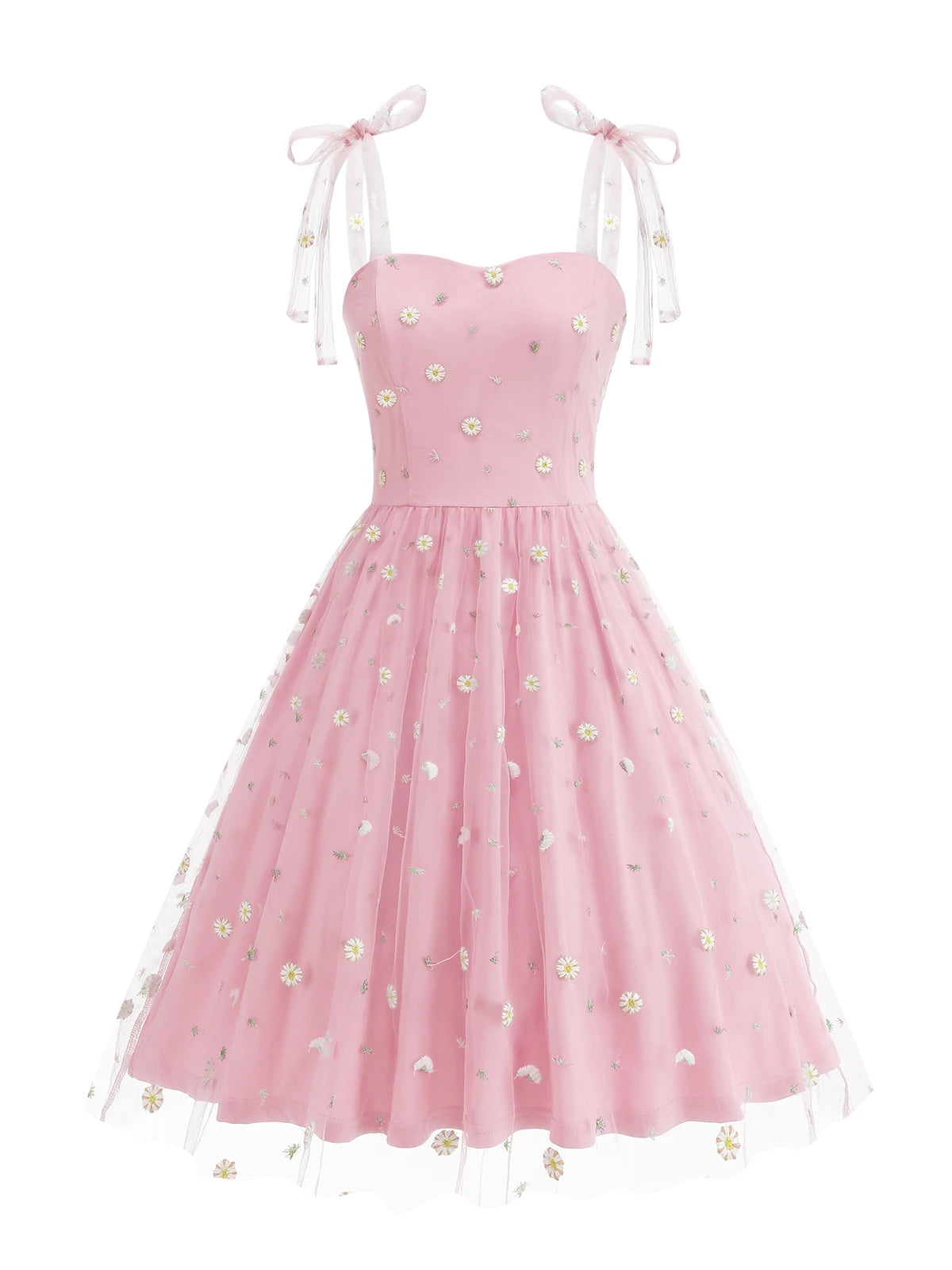 Embroidered Floral Tie Strap Midi Dress with Sheer Overlay