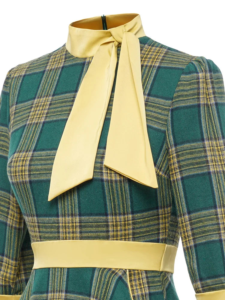 Plaid Neck Tie Contrast Trim Fit & Flare Dress