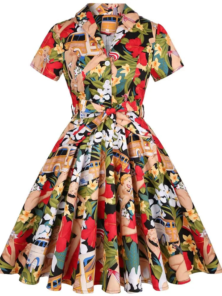 Short Sleeve Tropical Print Fit and Flare Midi Dress with Tie Belt