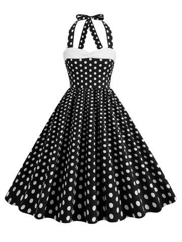 Polka Dot Halter Midi Dress with Contrast Bodice