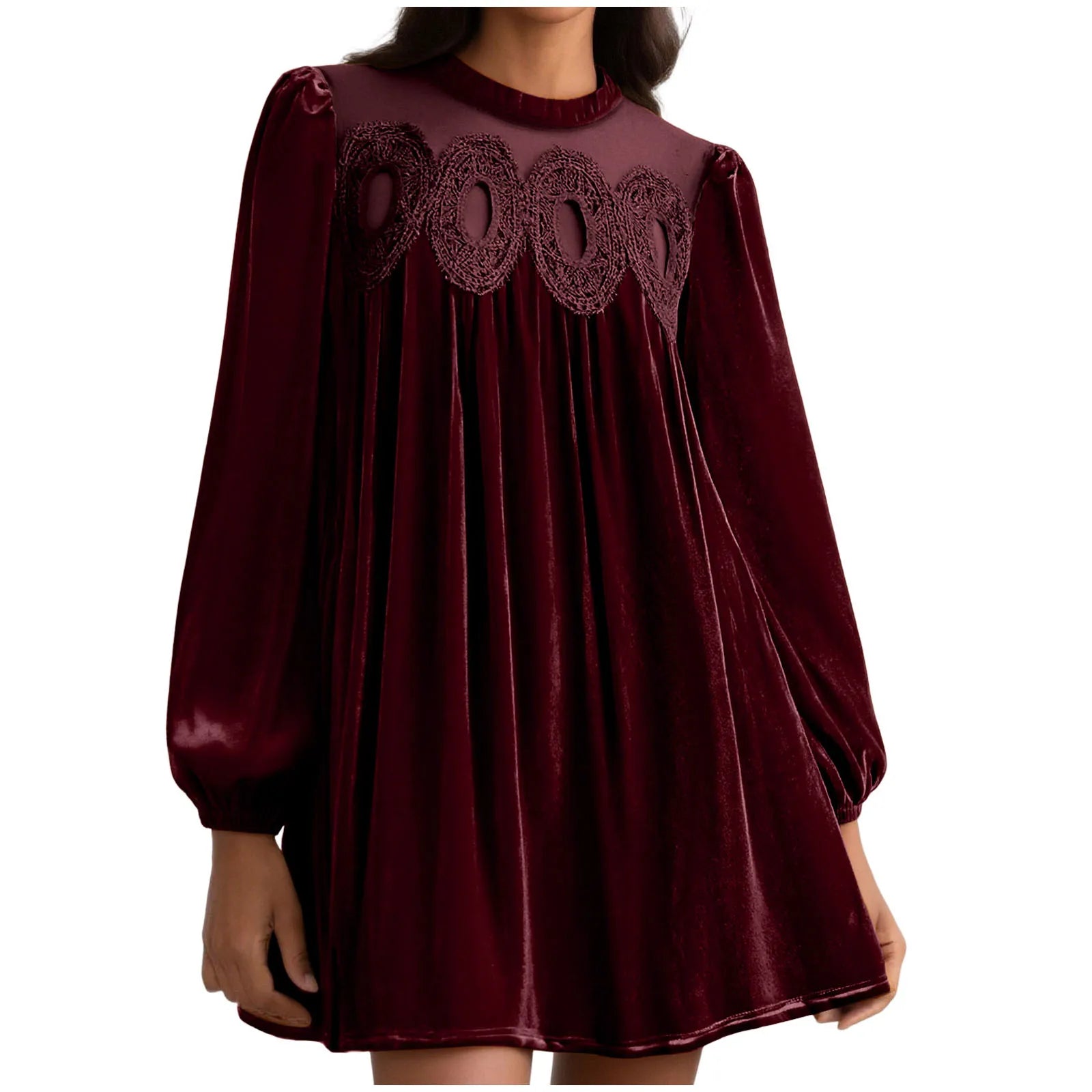 Velvet Long Sleeve Mini Dress with Embroidered Yoke