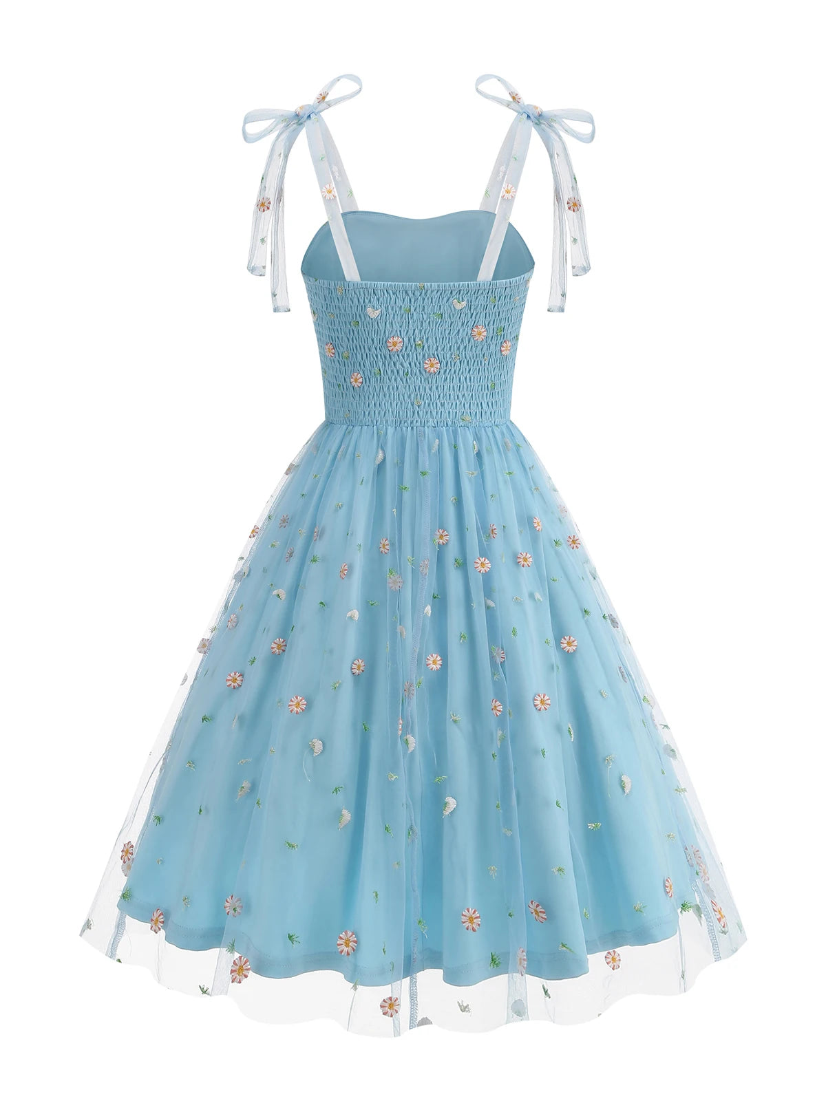 Embroidered Floral Tie Strap Midi Dress with Sheer Overlay