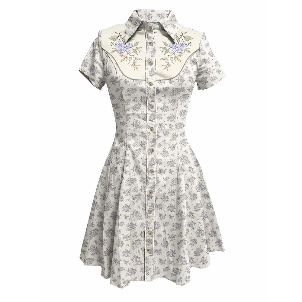 Short Sleeve Button-Front Shirt Dress with Floral Print and Embroidered Yoke