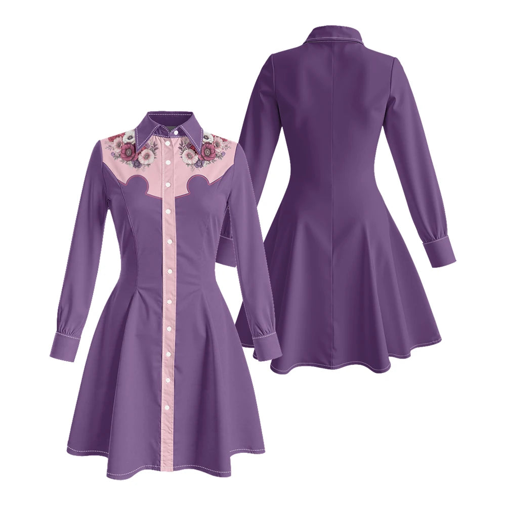 Long Sleeve Western-Inspired Shirt Dress with Embroidered Yoke