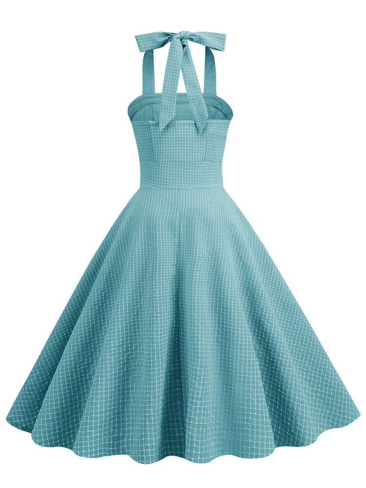 Halter Grid Print Fit & Flare Dress