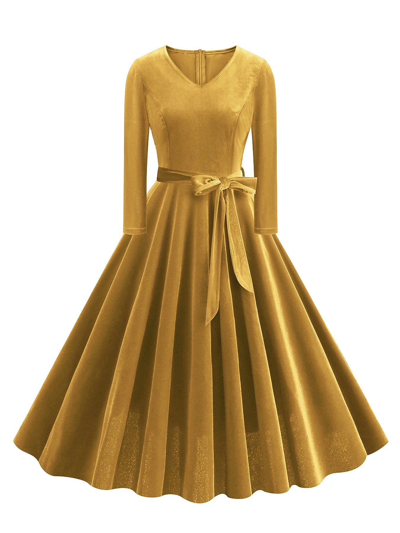 Long Sleeve V-Neck Belted Fit & Flare Dress