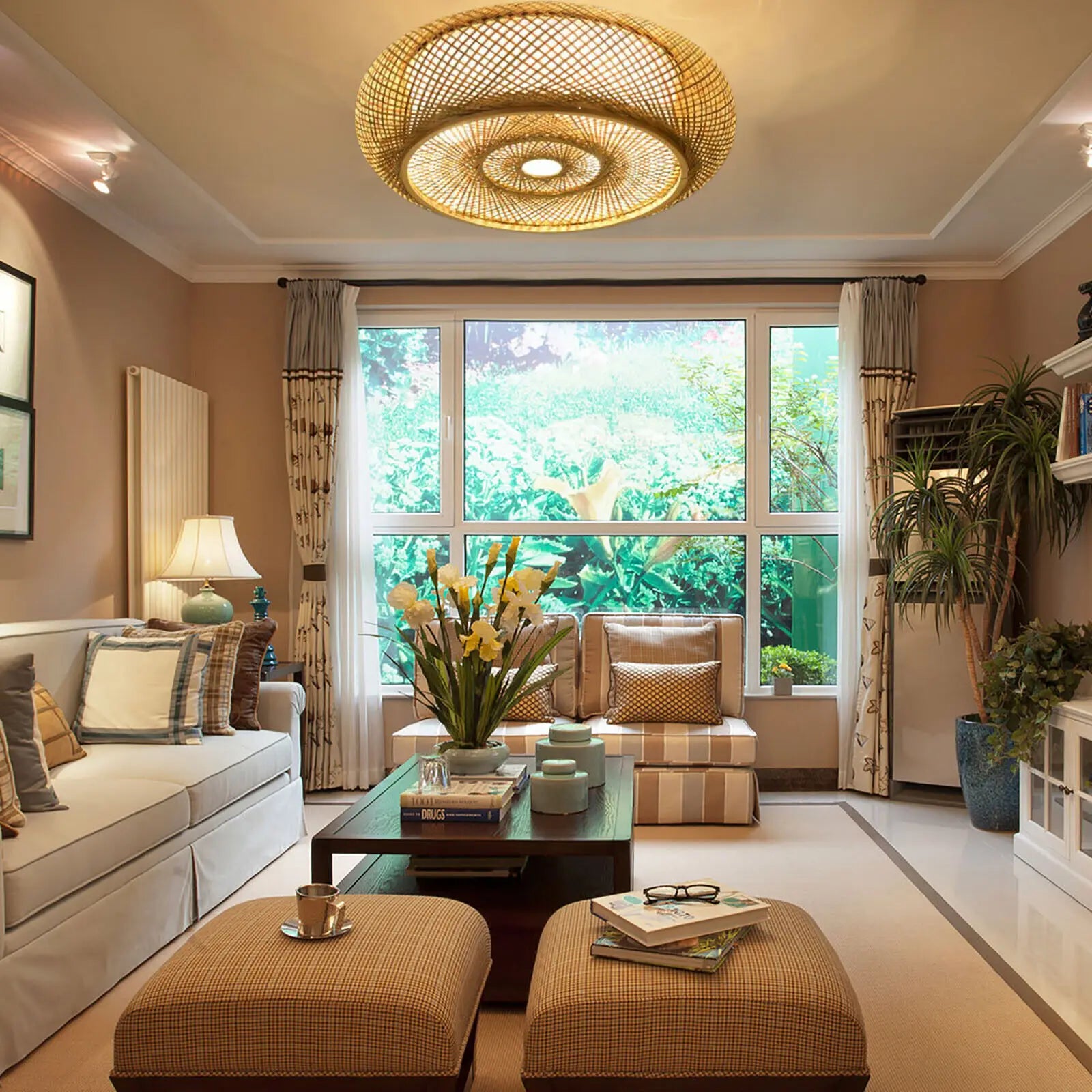 40CM Bamboo Wicker Rattan Ceiling Light Fixture - Asian Art Flush Mount Pendant Lamp