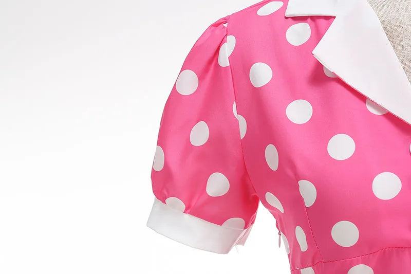 Vintage Polka Dot Pleated Summer Dress Women 1950s 60s Notched Collar Short Sleeve Belted Elegant Retro Clothing