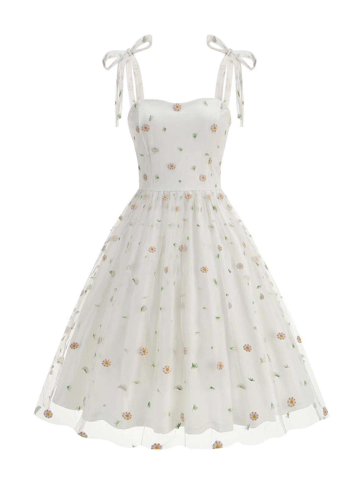 Embroidered Floral Tie Strap Midi Dress with Sheer Overlay