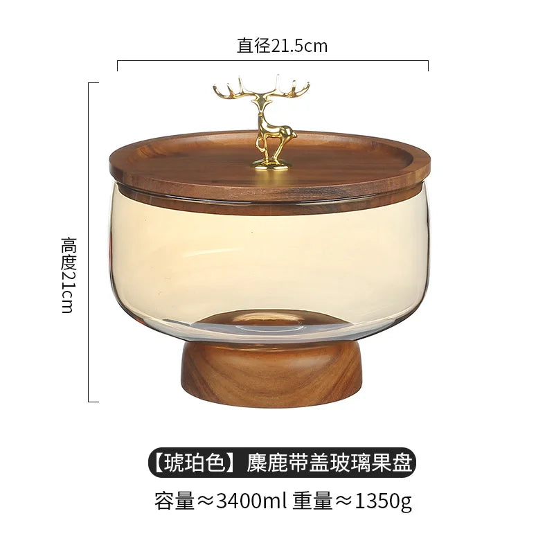 Mid-Century Modern Glass & Acacia Wood Pedestal Fruit Bowl
