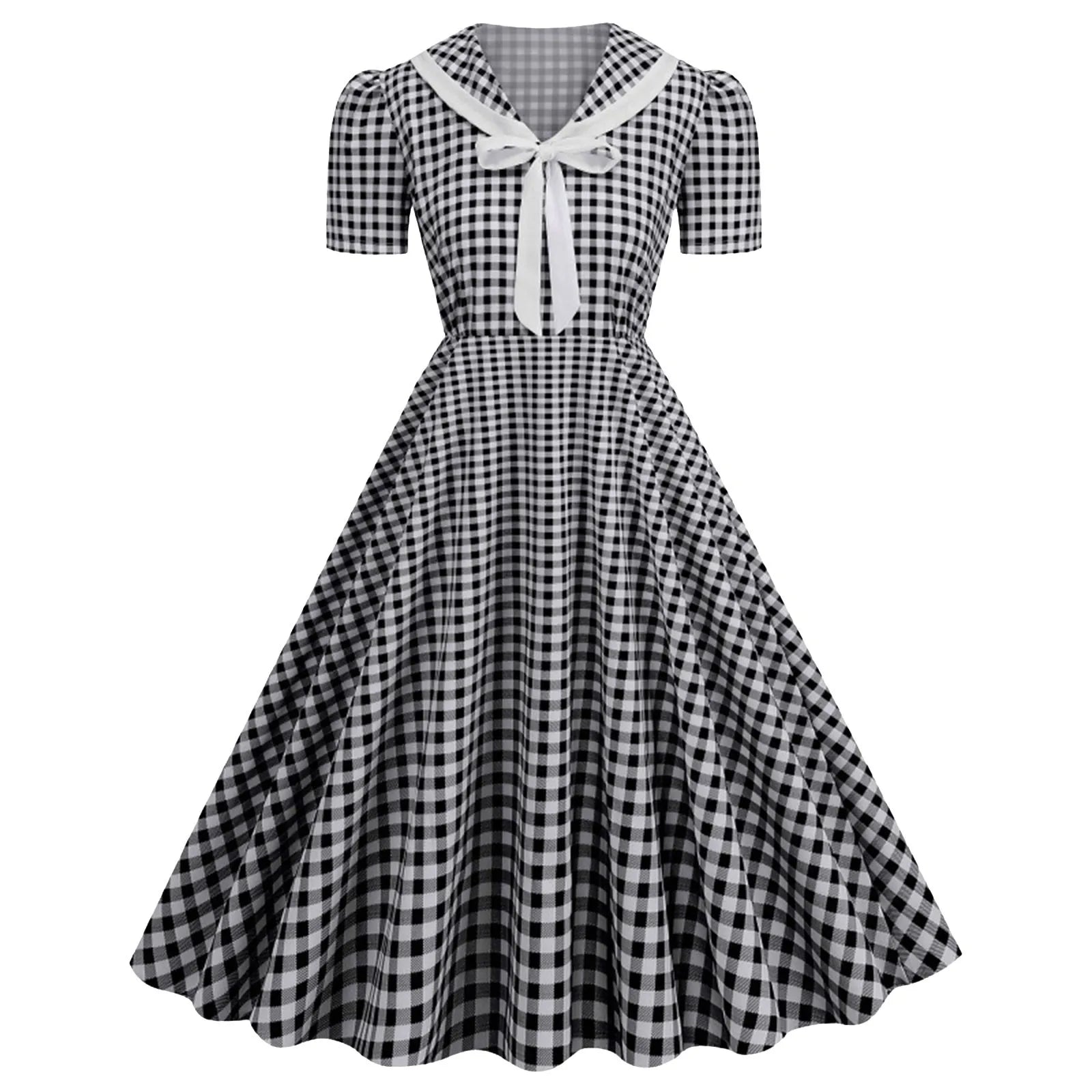 Gingham Sailor Collar Midi Dress with Tie Front