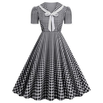 Gingham Sailor Collar Midi Dress with Tie Front