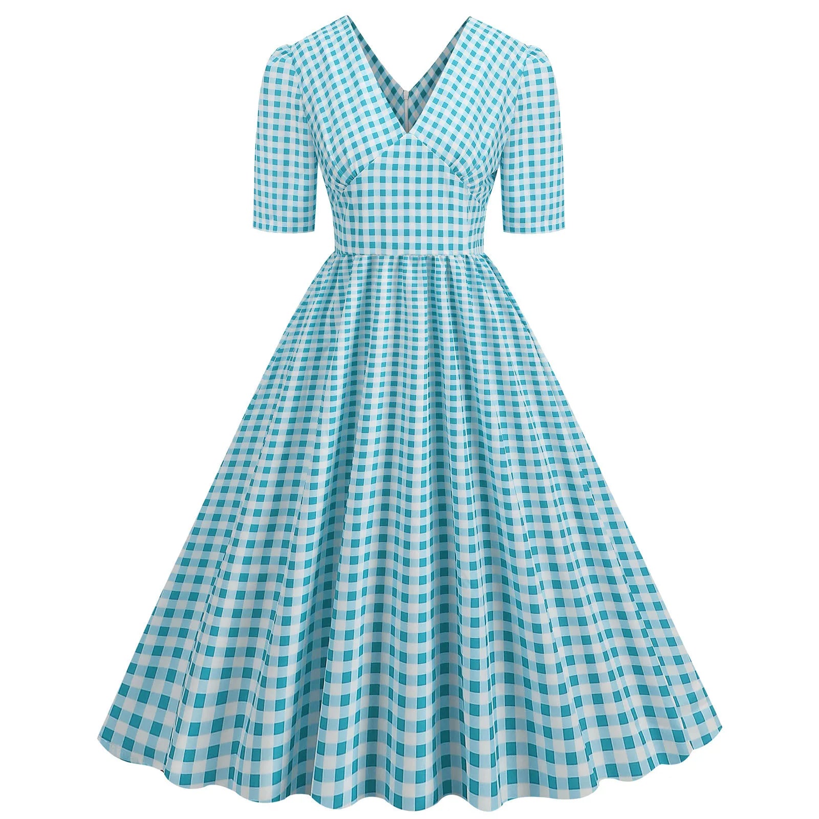 Gingham V-Neck Midi Dress with Fitted Bodice
