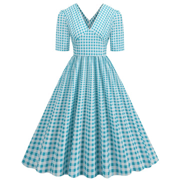 Gingham V-Neck Midi Dress with Fitted Bodice