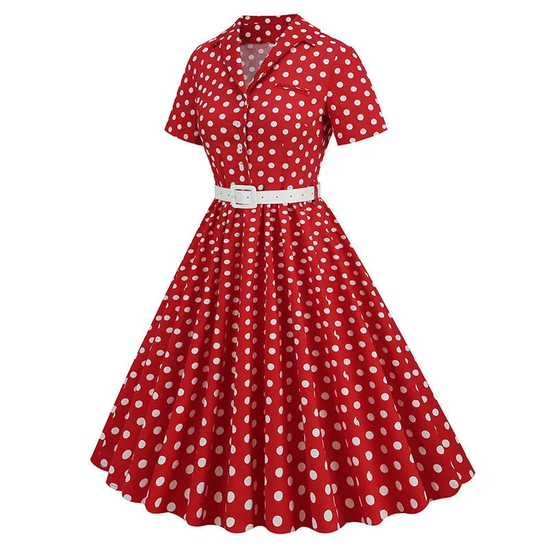 Women Vintage Polka Dots Dress Retro Elegant V-Neck Office Cocktail Tea Party 1950s 40s Swing Dress Summer Dress Short Sleeves