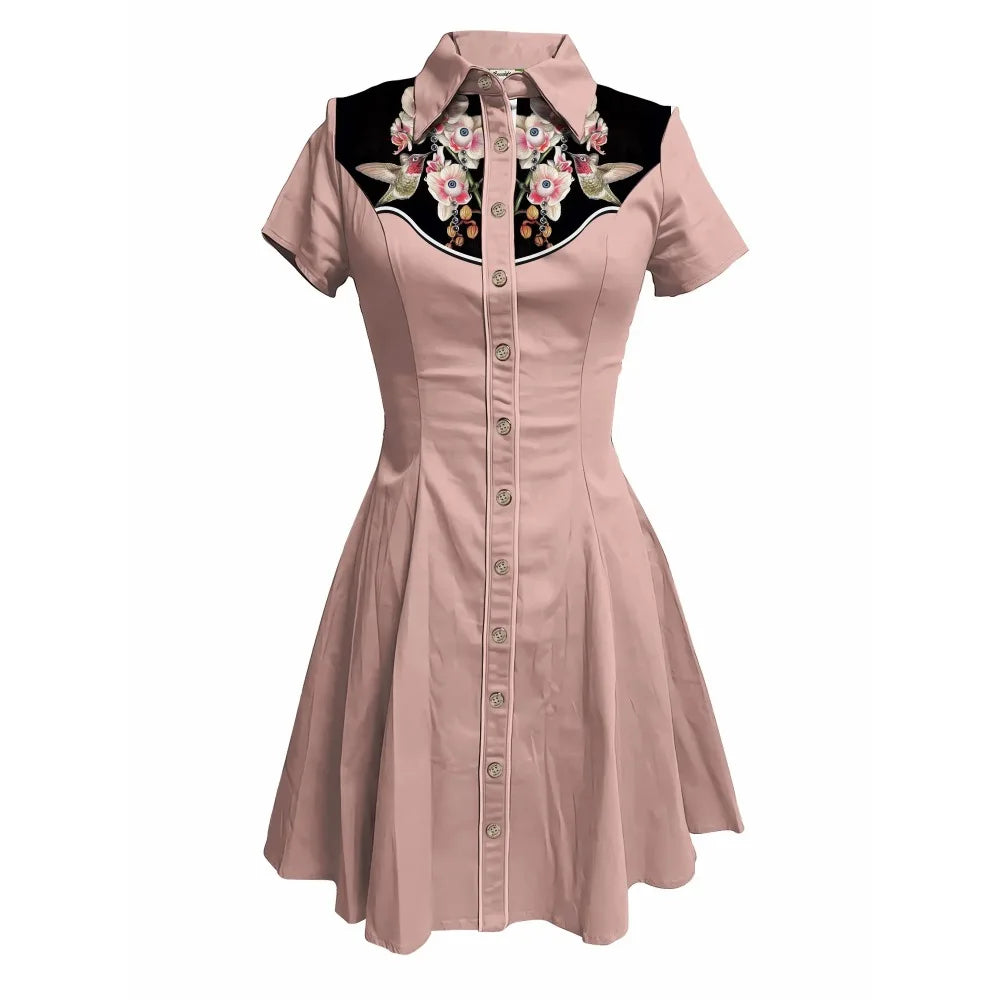 Short Sleeve Button-Front Shirt Dress with Bird Yoke Graphic