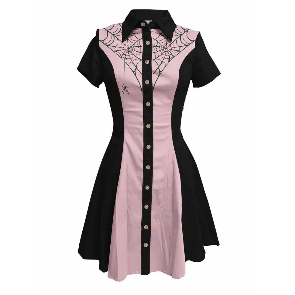 Short Sleeve Button-Front Shirt Dress with Spiderweb Yoke Graphic