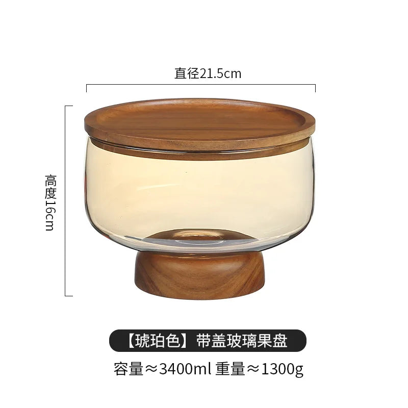 Mid-Century Modern Glass & Acacia Wood Pedestal Fruit Bowl
