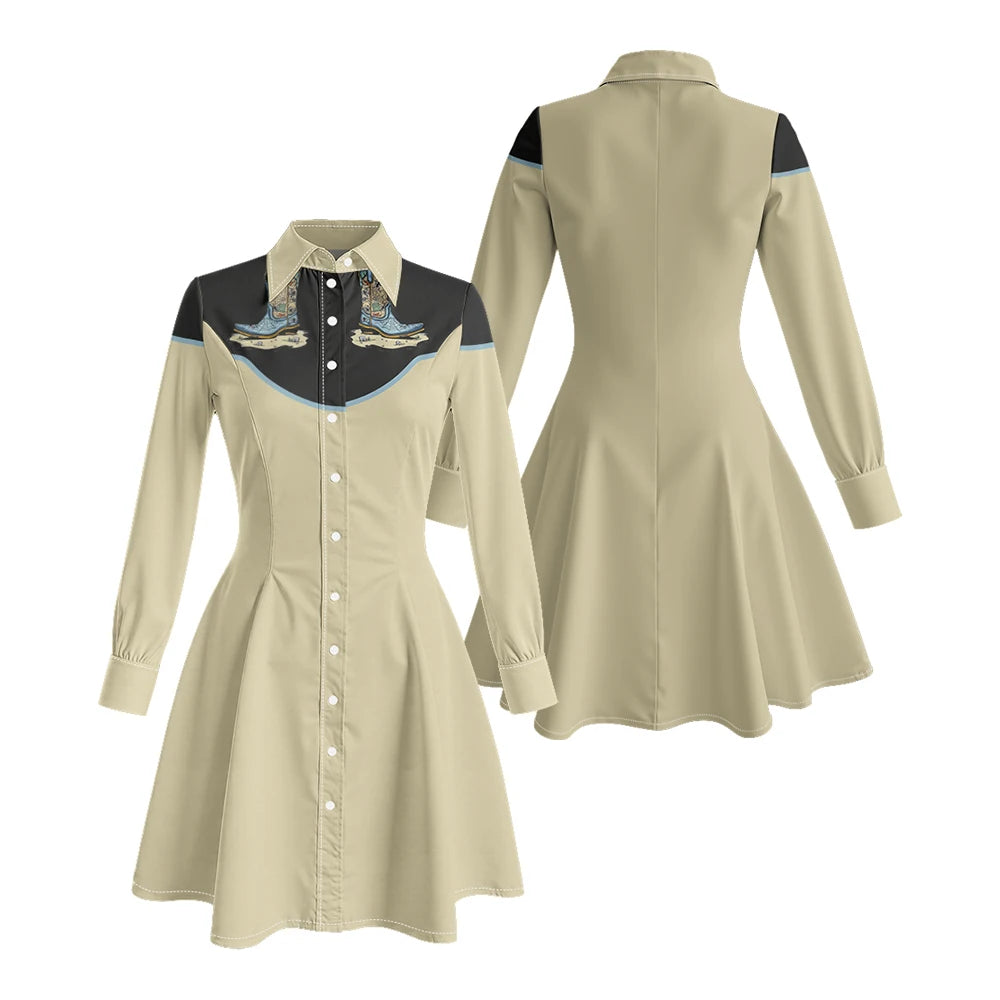 Long Sleeve Western-Style Button-Front Shirt Dress with Graphic Yoke