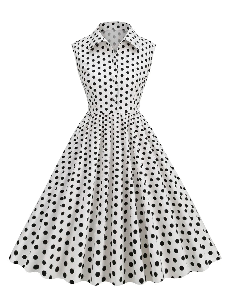 Sleeveless Polka Dot Button Front Midi Dress