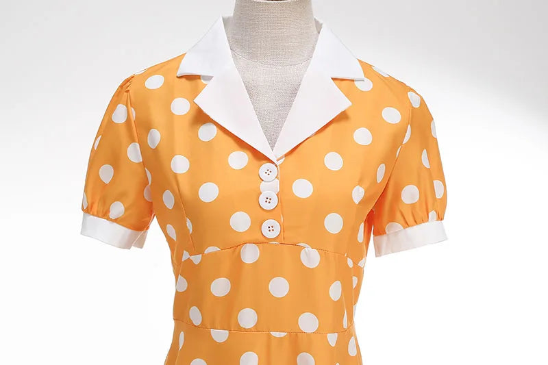 Vintage Polka Dot Pleated Summer Dress Women 1950s 60s Notched Collar Short Sleeve Belted Elegant Retro Clothing