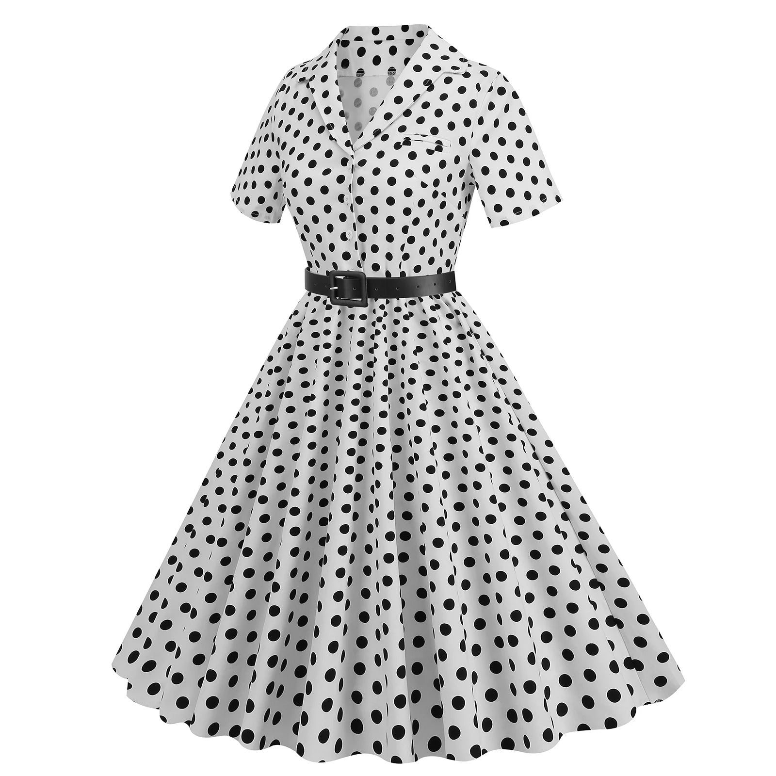 Women Vintage Polka Dots Dress Retro Elegant V-Neck Office Cocktail Tea Party 1950s 40s Swing Dress Summer Dress Short Sleeves