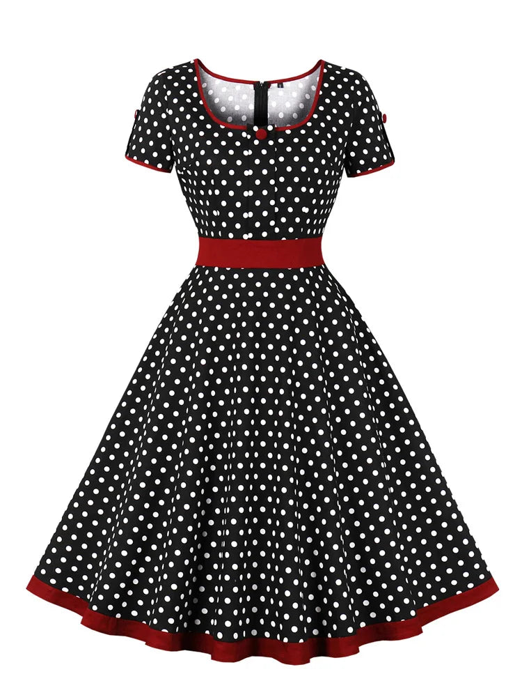 Polka Dot Short Sleeve Midi Dress with Waist Band