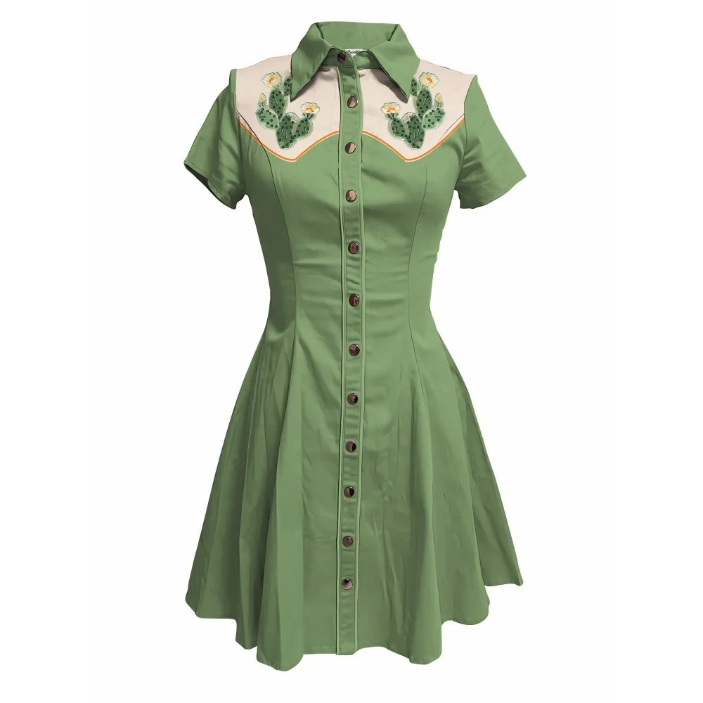 Short Sleeve Western-Inspired Button-Front Shirt Dress with Cactus Embroidery