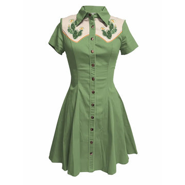 Short Sleeve Western-Inspired Button-Front Shirt Dress with Cactus Embroidery