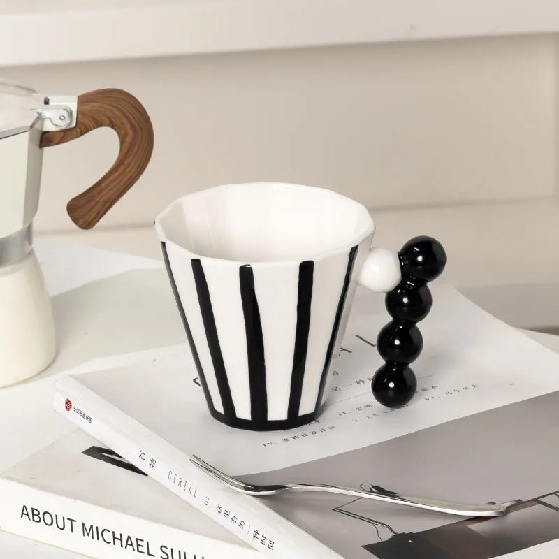 Mid-Century Mod Striped Latte Mug with Sculpted Handle