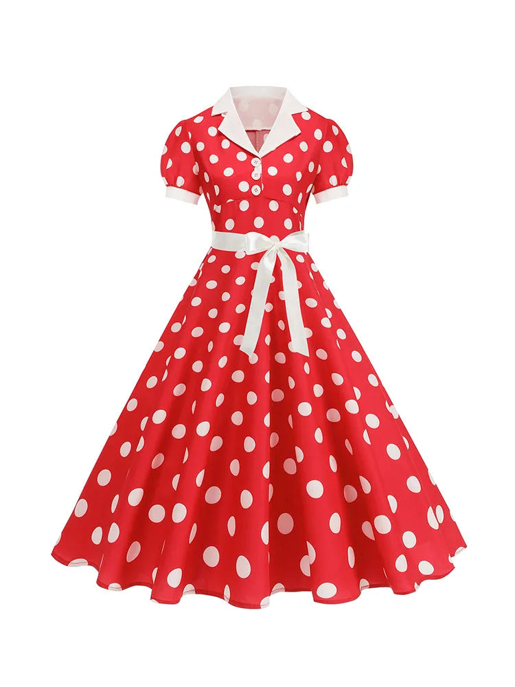 Vintage Polka Dot Pleated Summer Dress Women 1950s 60s Notched Collar Short Sleeve Belted Elegant Retro Clothing