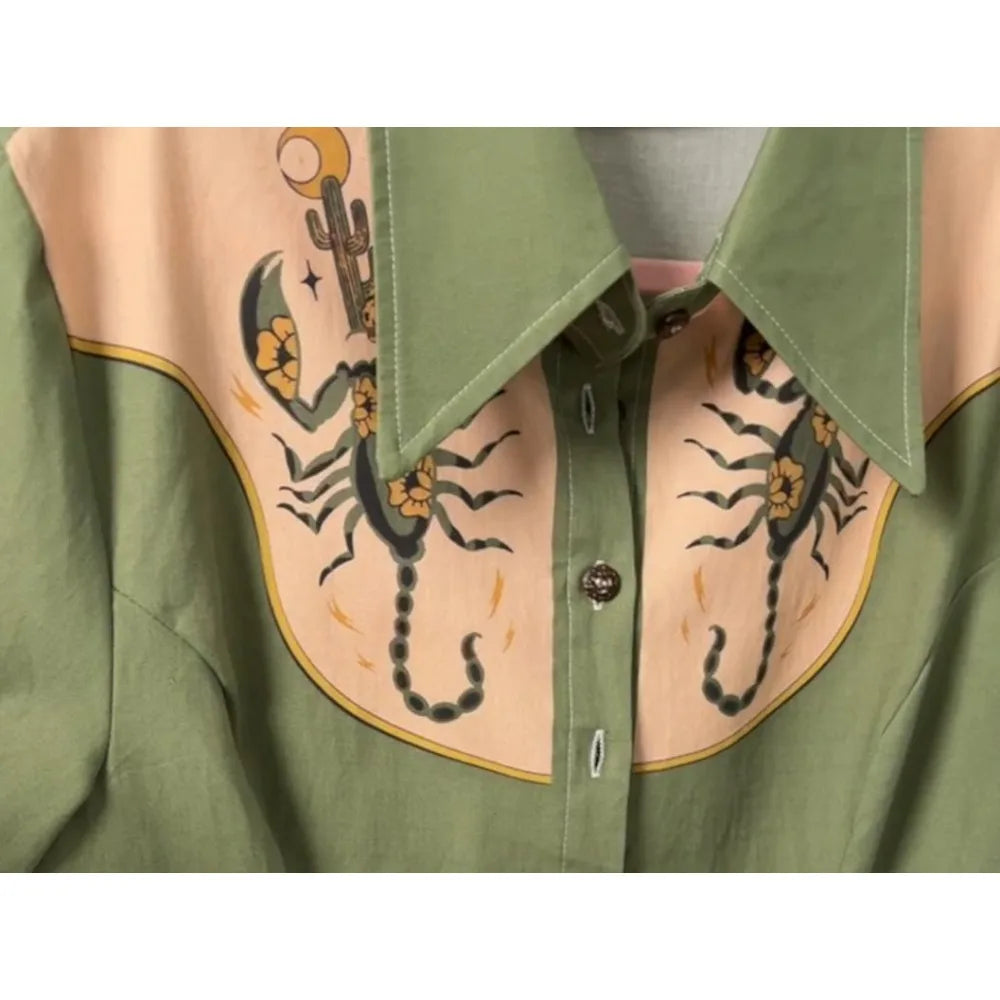 Short Sleeve Western-Style Button-Front Shirt Dress with Scorpion Yoke Graphic