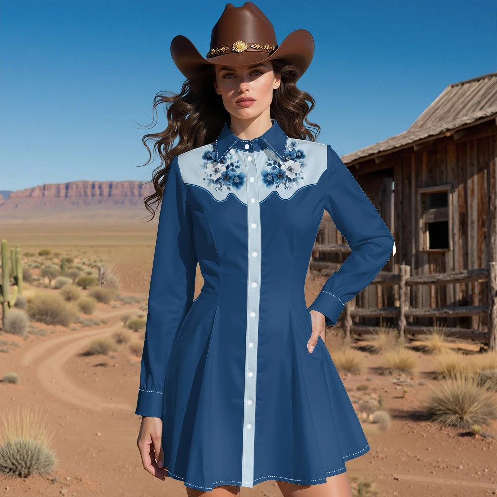 Long Sleeve Western-Inspired Shirt Dress with Embroidered Yoke