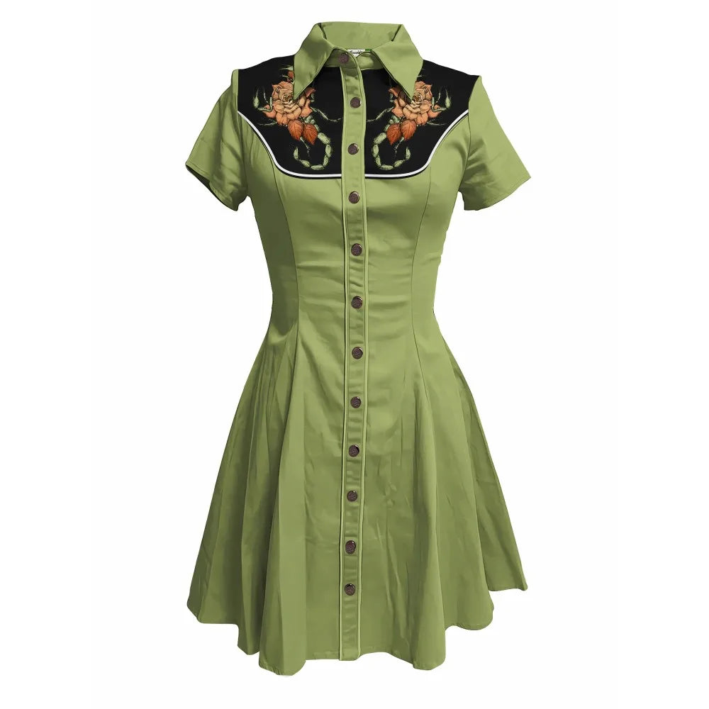 Short Sleeve Western-Style Button-Front Shirt Dress with Scorpion Yoke Graphic